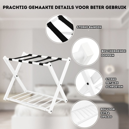 Trendmix Opvouwbaar Bagagerek Kofferstandaard - Bagagerek met Schoenenplank - Metaal Wit 68 x 44 x 57 cm