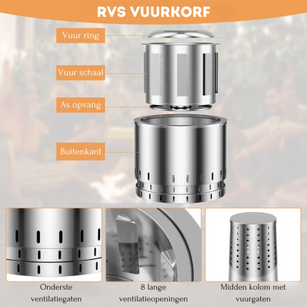 Trendmix XL RVS Rookvrije Vuurkorf 49 cm - Zuurstofrijke Rookloze Vuurtechnologie - Met Beschermhoes - Roestvrij Staal