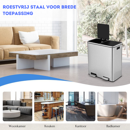 Trendmix RVS Afvalscheidingsprullenbak 2 x 30L - Prullenbak 60L Met Dubbele Compartimenten En Voetpedalen - Anti-Vingerafdruk