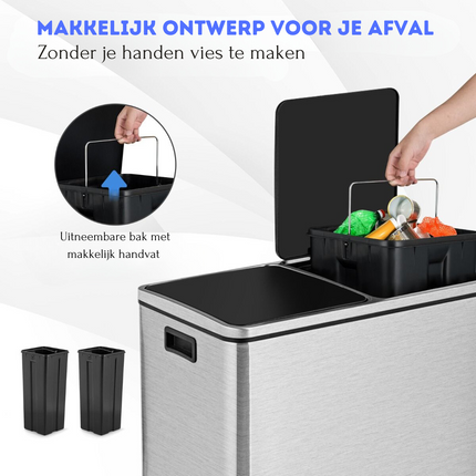 Trendmix RVS Afvalscheidingsprullenbak 2 x 30L - Prullenbak 60L Met Dubbele Compartimenten En Voetpedalen - Anti-Vingerafdruk