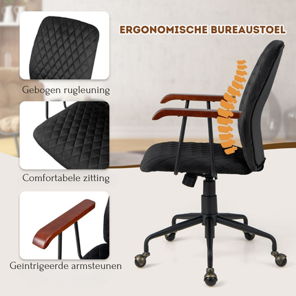 Trendmix Fluwelen Vintage Bureaustoel Met Kantelbare Rugleuning - 150 kg Draagvermogen - Ergonomische Verstelbare Draaibare Thuiskantoor Stoel - Zwart