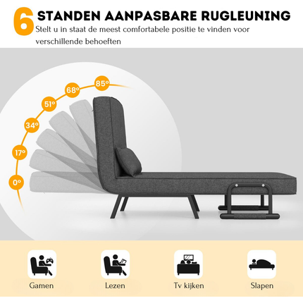 2de kansje Trendmix 4-in-1 Uitklapbare Slaapstoel Belastbaar Tot 150 kg Donkergrijs - Inklapbare Slaapbank Met 6 Standen Verstelbare Rugleuning - Modern Design Logeerbed - Slaapfauteuil