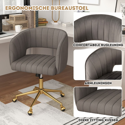 Trendmix Moderne Fluwelen Kantelbare Bureaustoel Grijs - Draaistoel met Gestoffeerde Rugleuning - Gouden Onderstel & 360° Wielen - In Hoogte Verstelbaar - 150 kg Belasting