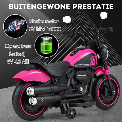 Trendmix Elektrische Motorfiets Chopper voor Kinderen 6V 1,5-2,5 km/u Roze - Zijwieltjes - LED Koplampen - Banden met Schroefdraad - Accuvoertuig