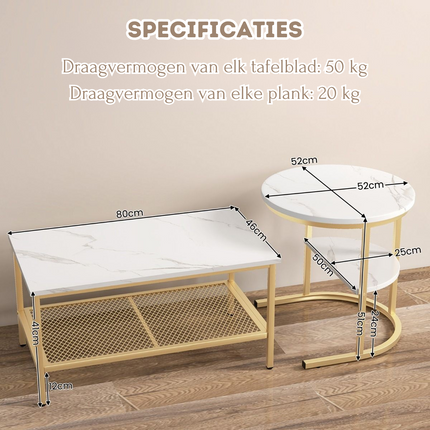 Trendmix Set van 2 Bijzettafel En Salontafel Marmerprint 80 x 46 x 41 cm - Gouden Frame - Ronde Bijzettafel Rechthoekige Salontafel