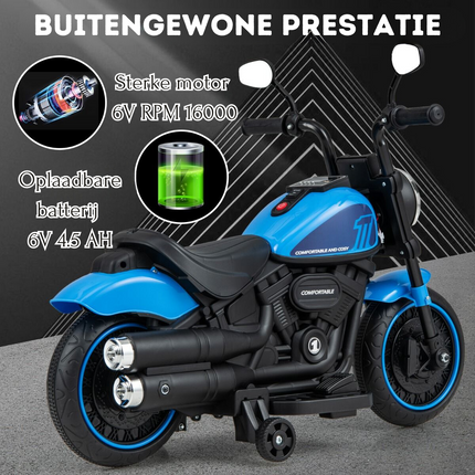 Trendmix Elektrische Motorfiets Chopper voor Kinderen 6V 1,5-2,5 km/u Blauw - Zijwieltjes - LED Koplampen - Banden met Schroefdraad - Accuvoertuig