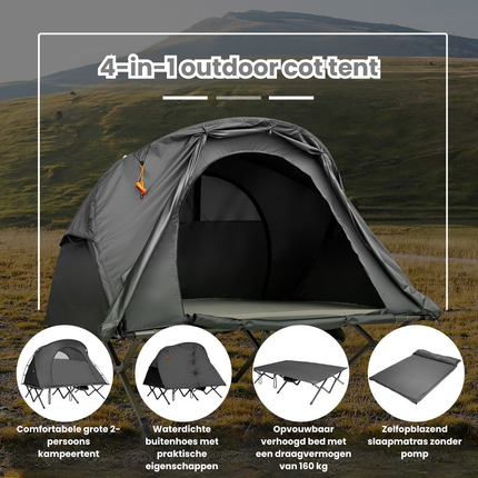 Trendmix 4-in-1 Opvouwbare Campingtent – Verhoogde Kampeertent met Cot, Luchtmatras & Pomp – 2-Persoons Waterdichte Tent – Snel Opzetbaar & Draagbaar – Outdoor, Festival & Camping – Grijs – 194 x 146 x 160 cm