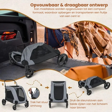 Trendmix Opvouwbare XXL Hondenbuggy Met Ademend Gaas En Opbergvakken - Voor Honden En Katten Tot 60 kg - 67 x 98 x 88 cm Grijs