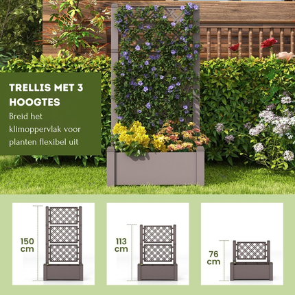 Trendmix Plantenbak met Traliewerk in Drie Hoogtes Zelfbewaterend 76 x 45 x 150 cm - Verhoogd Bed met Traliewerk en Afvoergat voor Klimplanten - Antraciet/bruin