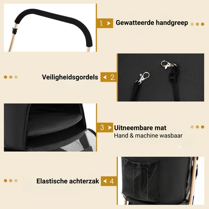 Trendmix Hondenbuggy 3-in-1 Zwart – Opvouwbare Hondenwagen – Verwijderbare Draagbox & Autostoel – Tot 15 kg – Met Vering & Opbergruimte