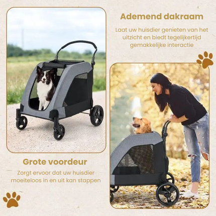 Trendmix Opvouwbare XXL Hondenbuggy Met Ademend Gaas En Opbergvakken - Voor Honden En Katten Tot 60 kg - 67 x 98 x 88 cm Grijs