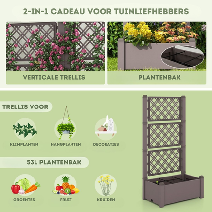 Trendmix Plantenbak met Traliewerk in Drie Hoogtes Zelfbewaterend 76 x 45 x 150 cm - Verhoogd Bed met Traliewerk en Afvoergat voor Klimplanten - Antraciet/bruin