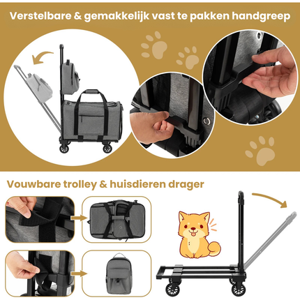 Trendmix Transporttrolley Hond & Kat – Inklapbare Draagtas en Hondenbuggy op Wieltjes – Telescoopgreep – Grijs