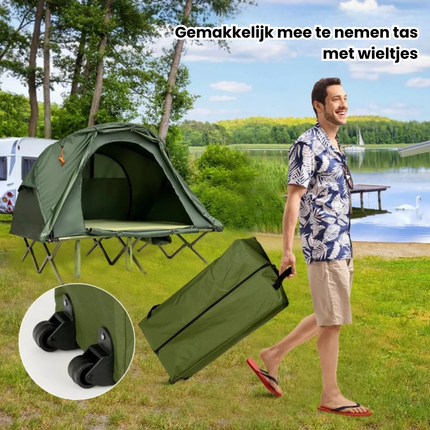 Trendmix 4-in-1 Opvouwbare Campingtent – Verhoogde Kampeertent met Vouwbaar Cot – 2-Persoons Waterdichte Tent – Draagbare Tent voor Camping, Outdoor & Backpacken – 194 x 146 x 160 cm – Groen