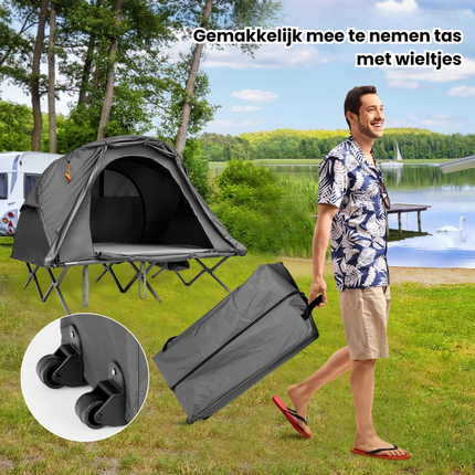 Trendmix 4-in-1 Opvouwbare Campingtent – Verhoogde Kampeertent met Cot, Luchtmatras & Pomp – 2-Persoons Waterdichte Tent – Snel Opzetbaar & Draagbaar – Outdoor, Festival & Camping – Grijs – 194 x 146 x 160 cm