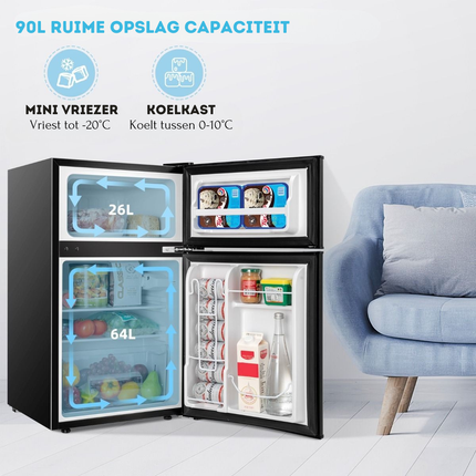 Costway Mini Koelkast Met Apart Vriesvak 90L Zwart - Tafelmodel Compacte Koelkast - Koelvriescombinatie - 48,5 x 49,5 x 86 cm