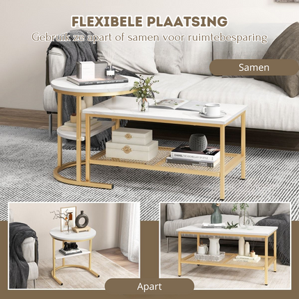 Trendmix Set van 2 Bijzettafel En Salontafel Marmerprint 80 x 46 x 41 cm - Gouden Frame - Ronde Bijzettafel Rechthoekige Salontafel