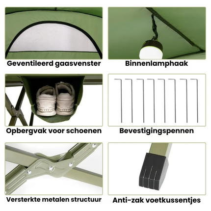 Trendmix 4-in-1 Opvouwbare Campingtent – Verhoogde Kampeertent met Vouwbaar Cot – 2-Persoons Waterdichte Tent – Draagbare Tent voor Camping, Outdoor & Backpacken – 194 x 146 x 160 cm – Groen
