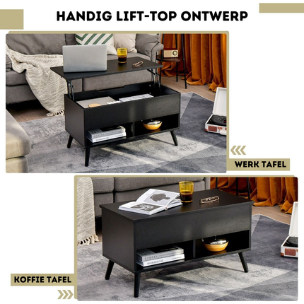 Trendmix Multifunctionele Salontafel Uitklapbaar Zwart - Lift-Top Koffietafel - Verstelbare Woonkamer Tafel 80 x 40 x 44,5 cm