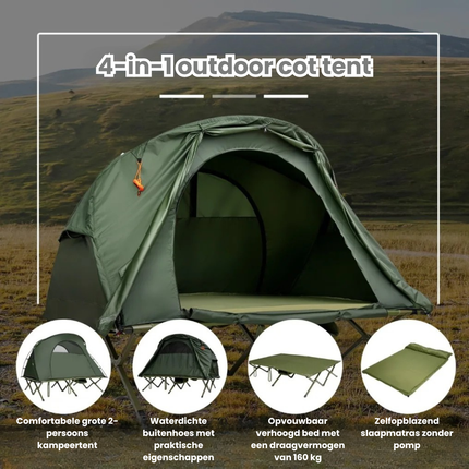 Trendmix 4-in-1 Opvouwbare Campingtent – Verhoogde Kampeertent met Vouwbaar Cot – 2-Persoons Waterdichte Tent – Draagbare Tent voor Camping, Outdoor & Backpacken – 194 x 146 x 160 cm – Groen