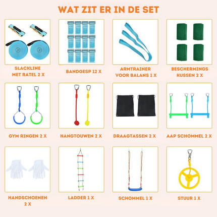 Trendmix Ninja Warrior Set 15 meter met 9 obstakels - Slackline Voor Kinderen - Buiten Speelset - Verstelbare Obstakels - Kleurrijke Speelset
