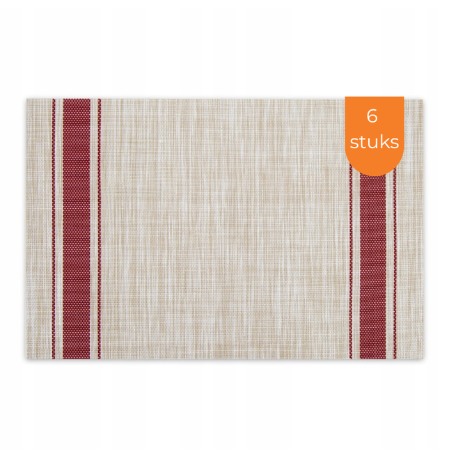 Placemats Set 6 Stuks 30x45 cm – Beige met Rode Strepen – Afwasbare Kunststof Placemats – Hittebestendig