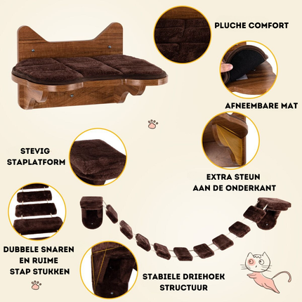 Trendmix Houten Katten Klimmuur met Bed en Loopbrug voor Wandbevestiging - Duurzaam & Stabiel - Bruin