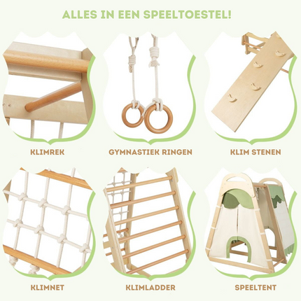Trendmix 6-In-1 Houten Klimrek Speeltoestel - Indoor Kinder Speeltoestel met Glijbaan en Tent - 115 cm x 108 cm x 127 cm