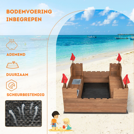 Trendmix Dennenhouten Kasteel Zandbak met Opbergvakken en Vlaggen 113 x 116 cm - Zandbak met Zitbank voor 1-2 Kinderen - Incl. Bodemafdekking - Vanaf 3 Jaar - Bruin