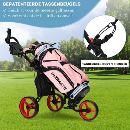 Trendmix Golf trolley Met 3 Wielen Verstelbaar Lichtgewicht - Golfwagen Met Parapluhouder, Zitje En Opbergtas Rood/Zwart 130 x 75 x 98,5-115,5 cm