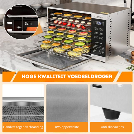 Costway Voedseldroger Met 8 Rekken Temperatuurregeling, Timer, Oververhittingsbeveiliging - Droogoven - Dehydrator - RVS 8 Laags Zilver