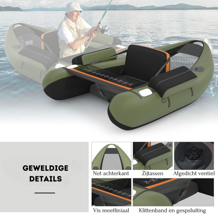 Trendmix Opblaasbare Lichtgewicht Belly Boat Groen 136 x 105 x 53 cm - Bellyboat 160 kg Draagvermogen - Inclusief Peddel en Flippers