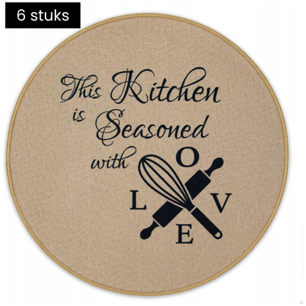 Tragar Ronde Placemats Set van 6 – Beige – Ø38 cm – Antislip – Kunststof – Keuken Quote Design