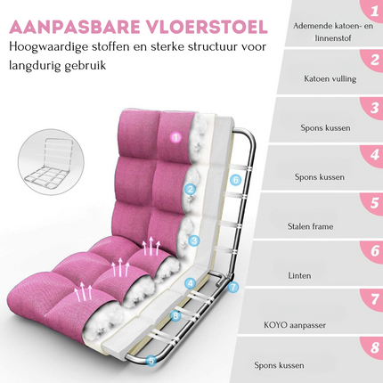 Trendmix Vloerstoel Met 14 Standen Verstelbare Rugleuning Gamingstoel Meditatiestoel Roze - Hoge Veerkracht Spons - Max Belasting 120 kg