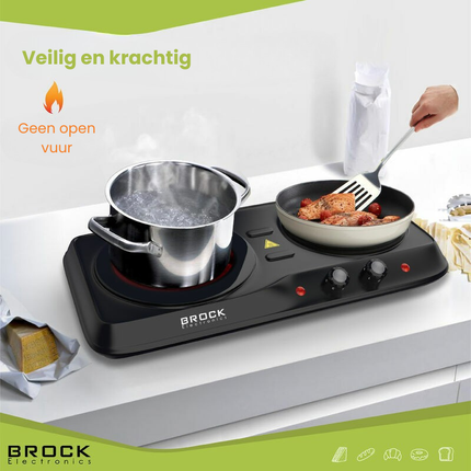Brock Electronics Compacte Elektrische Kookplaat - Infrarood Kookplaat - 2 Pits - 1200 + 800W - Zwart