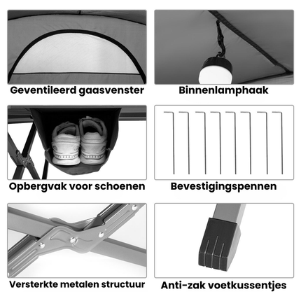 Trendmix 4-in-1 Opvouwbare Campingtent – Verhoogde Kampeertent met Cot, Luchtmatras & Pomp – 2-Persoons Waterdichte Tent – Snel Opzetbaar & Draagbaar – Outdoor, Festival & Camping – Grijs – 194 x 146 x 160 cm
