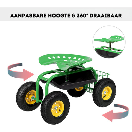 Trendmix Verrijdbare Werk Tuinstoel met 360° Draaibare Zitting - Om Makkelijk Onkruid Te Verwijderen - Verstelbare Hoogte Tuintrolley - Opbergmand – Groen