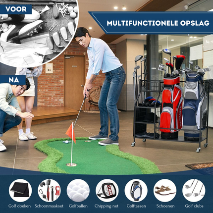 Trendmix Golftas opslagrek Metaal Zwart 95 cm x 40 cm x 94 cm - Garage Organizer Dubbele Golftas Standaard - 4 Universele Wielen Met Rem