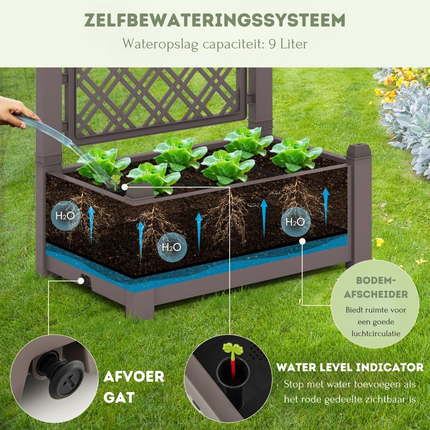 Trendmix Plantenbak met Traliewerk in Drie Hoogtes Zelfbewaterend 76 x 45 x 150 cm - Verhoogd Bed met Traliewerk en Afvoergat voor Klimplanten - Antraciet/bruin