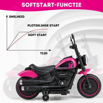 Trendmix Elektrische Motorfiets Chopper voor Kinderen 6V 1,5-2,5 km/u Roze - Zijwieltjes - LED Koplampen - Banden met Schroefdraad - Accuvoertuig