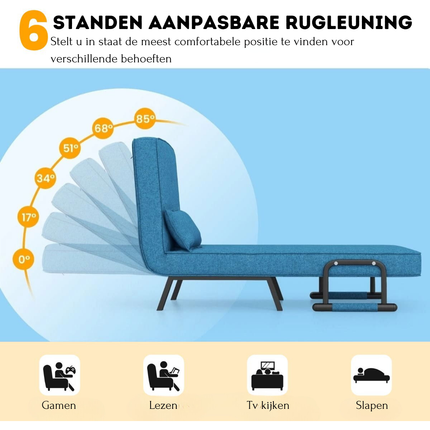 2de kansje Trendmix 4-in-1 Uitklapbare Slaapstoel Belastbaar Tot 150 kg Blauw - Inklapbare Slaapbank Met 6 Standen Verstelbare Rugleuning - Modern Design Logeerbed - Slaapfauteuil