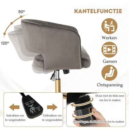 Trendmix Moderne Fluwelen Kantelbare Bureaustoel Grijs - Draaistoel met Gestoffeerde Rugleuning - Gouden Onderstel & 360° Wielen - In Hoogte Verstelbaar - 150 kg Belasting