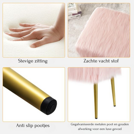 Trendmix Roze Make-Up Kruk Met Gouden Poten 91 x 35,5 cm - Poef Met imitatiebont - Zitbankje voor Entree en Slaapkamer