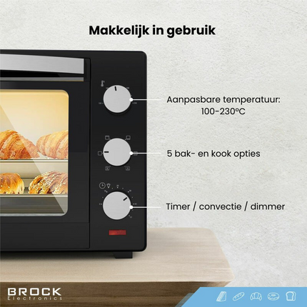 Brock Electronics Elektrische Mini Oven 30L – Vrijstaande Convectie Grill Oven 1600W - Zwart