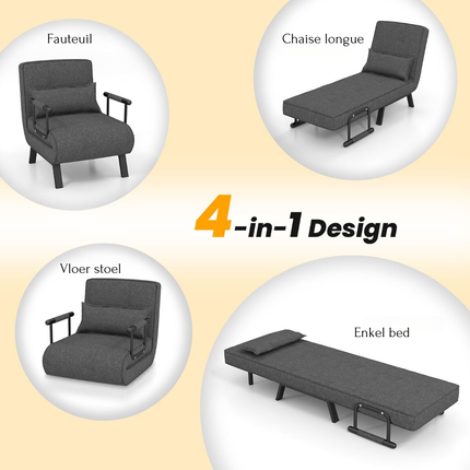 2de kansje Trendmix 4-in-1 Uitklapbare Slaapstoel Belastbaar Tot 150 kg Donkergrijs - Inklapbare Slaapbank Met 6 Standen Verstelbare Rugleuning - Modern Design Logeerbed - Slaapfauteuil