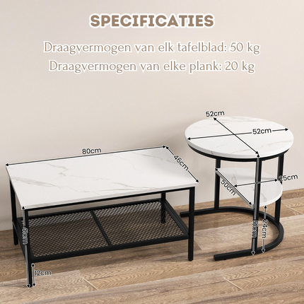 Trendmix Set van 2 Bijzettafel En Salontafel Marmerprint 80 x 46 x 41 cm - Zwart Frame - Ronde Bijzettafel Rechthoekige Salontafel