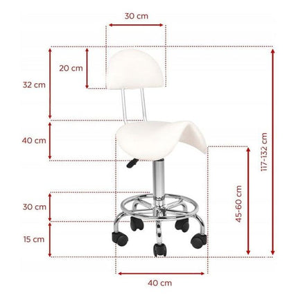Ergonomische Cosmetische Zadelkruk – Met Rugleuning – Verstelbaar 49–62 cm – Wit Ecoleer – Zilverkleurig Onderstel – Kapperskruk / Werkstoel