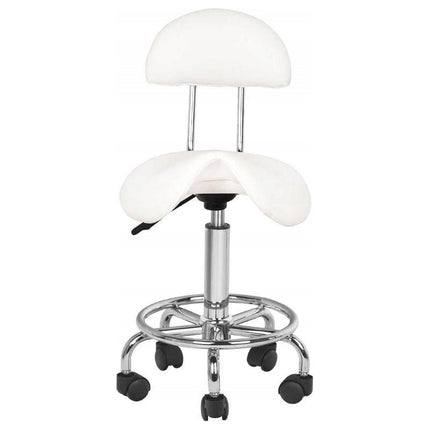 Ergonomische Cosmetische Zadelkruk – Met Rugleuning – Verstelbaar 49–62 cm – Wit Ecoleer – Zilverkleurig Onderstel – Kapperskruk / Werkstoel