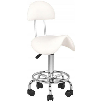 Ergonomische Cosmetische Zadelkruk – Met Rugleuning – Verstelbaar 49–62 cm – Wit Ecoleer – Zilverkleurig Onderstel – Kapperskruk / Werkstoel