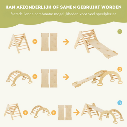 Trendmix 3 in 1 Houten Klimset voor Kinderen - Klimrek met Glijbaan - Klimdriehoek en Klimboog - Natuurlijk Hout